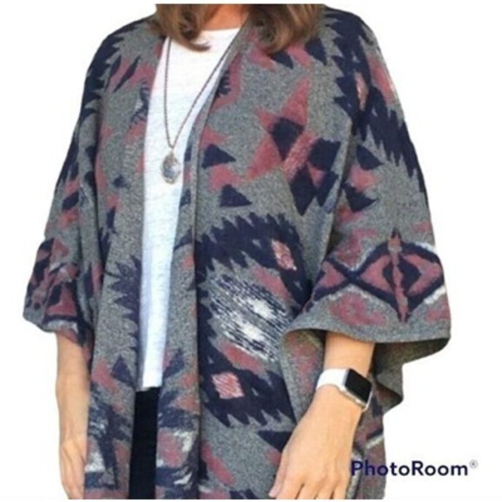 Lucky Brand  Womens Gray Kimono Sleeve Geometric Knit Poncho Sweater One Size